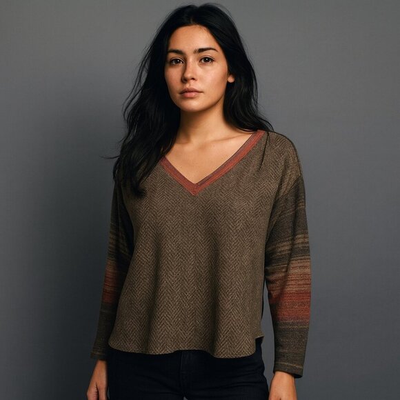 Capote Houndstooth V-Neck Cropped Long Sleeve Top Size S Earthy Preppy Neutral - Picture 1 of 7